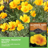 Yellow California poppy flowers with green foliage, shown with a product label overlay reading 'Natural Meadow Beauty' and 'California Poppy Golden West' from Survival Garden Seeds.