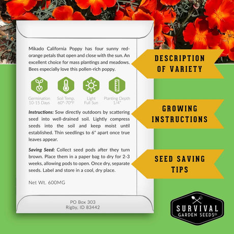 A printed seed packet for Mikado California Poppy is shown on a green background with orange flowers. The packet contains planting and saving seed instructions, variety description, and growth tips, with the Survival Garden Seeds logo at the bottom.
