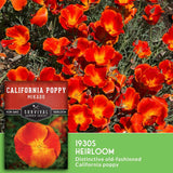 Seed packet and label graphic for Survival Garden Seeds California Poppy Mikado 1930s Heirloom, showing bright orange-red flowers with green foliage and a close-up flower inset.