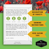 Survival Garden Seeds packaging for Red Corn Poppy with text and branding.