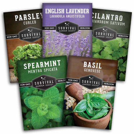 Five packets ofSurvival Garden Seeds with images of herbs and text.