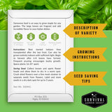 Survival Garden Seeds Genovese basil seed packet with growing instructions on a green background