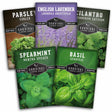 Five seed packet packages for Survival Garden Seeds are arranged in a fan-like layout. The packets include Parsley (curled), English Lavender, Cilantro, Spearmint, and Basil Genovese.