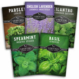 Five seed packet packages for Survival Garden Seeds are arranged in a fan-like layout. The packets include Parsley (curled), English Lavender, Cilantro, Spearmint, and Basil Genovese.