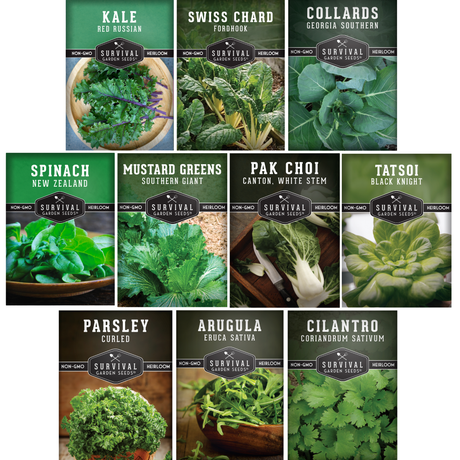 Collection ofSurvival Garden Seeds packets with various leafy greens on a white background