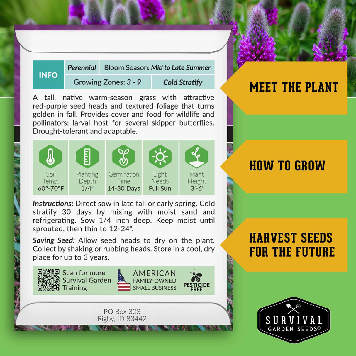 Survival Garden Seeds plant information card with purple flowers in the background