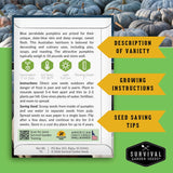 Survival Garden Seeds packaging for Blue Jarrahdale pumpkins with text and graphics.