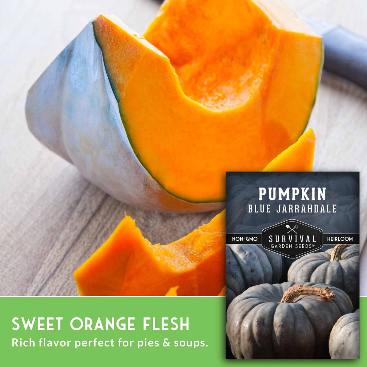 Sliced pumpkin with a seed packet labeled 'Pumpkin Blue Jarrahdale' on a wooden surface.