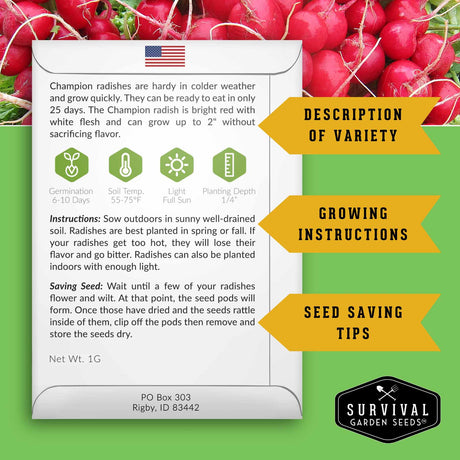 Seed packet for Champion radishes with growing instructions and seed saving tips on a green background with radishes.