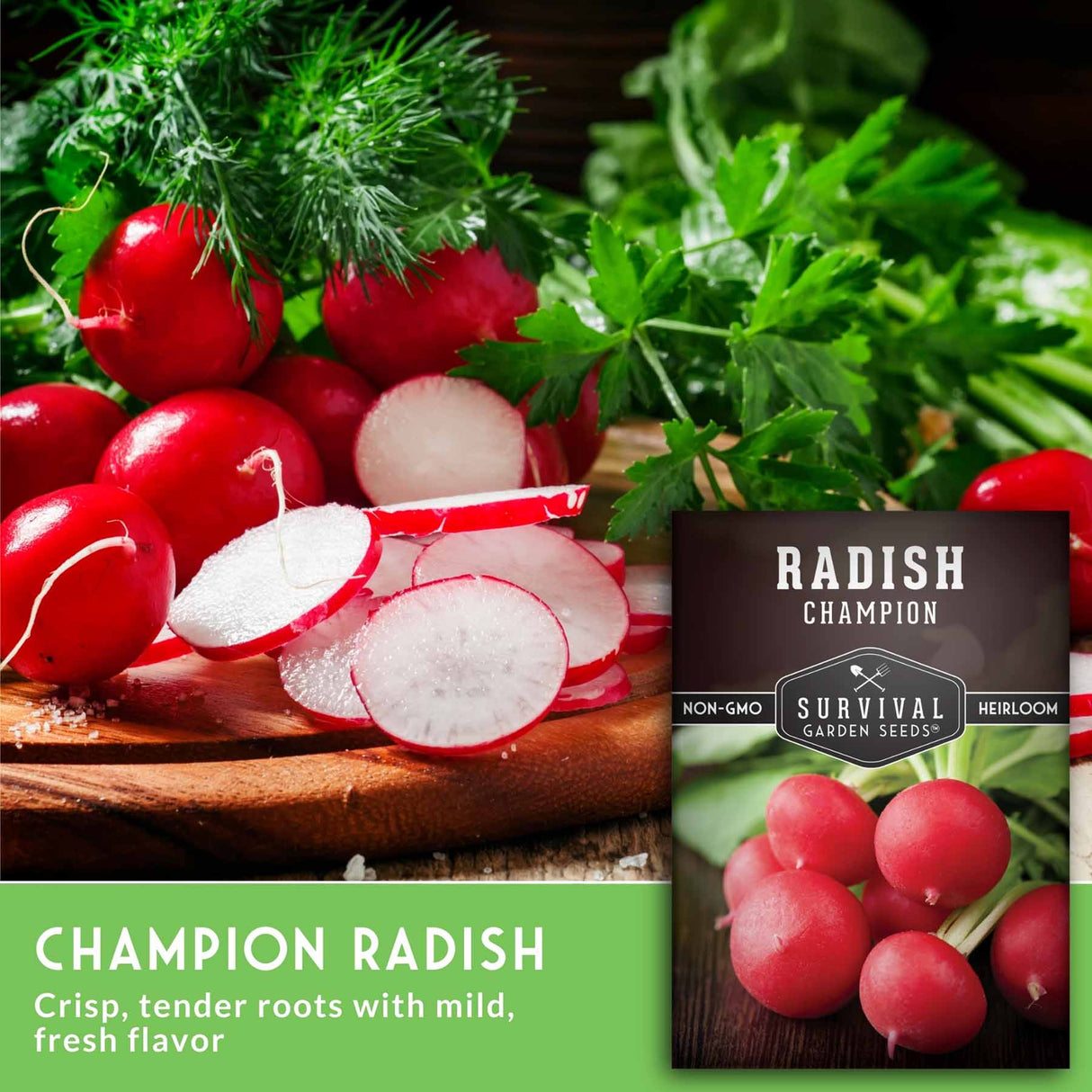 Champion radishes on a wooden board with a label for 'Radish Champion' seeds.