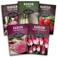 Five packages of Survival Garden Seeds radish varieties on a white background