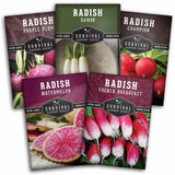 Five packages of Survival Garden Seeds radish varieties on a white background