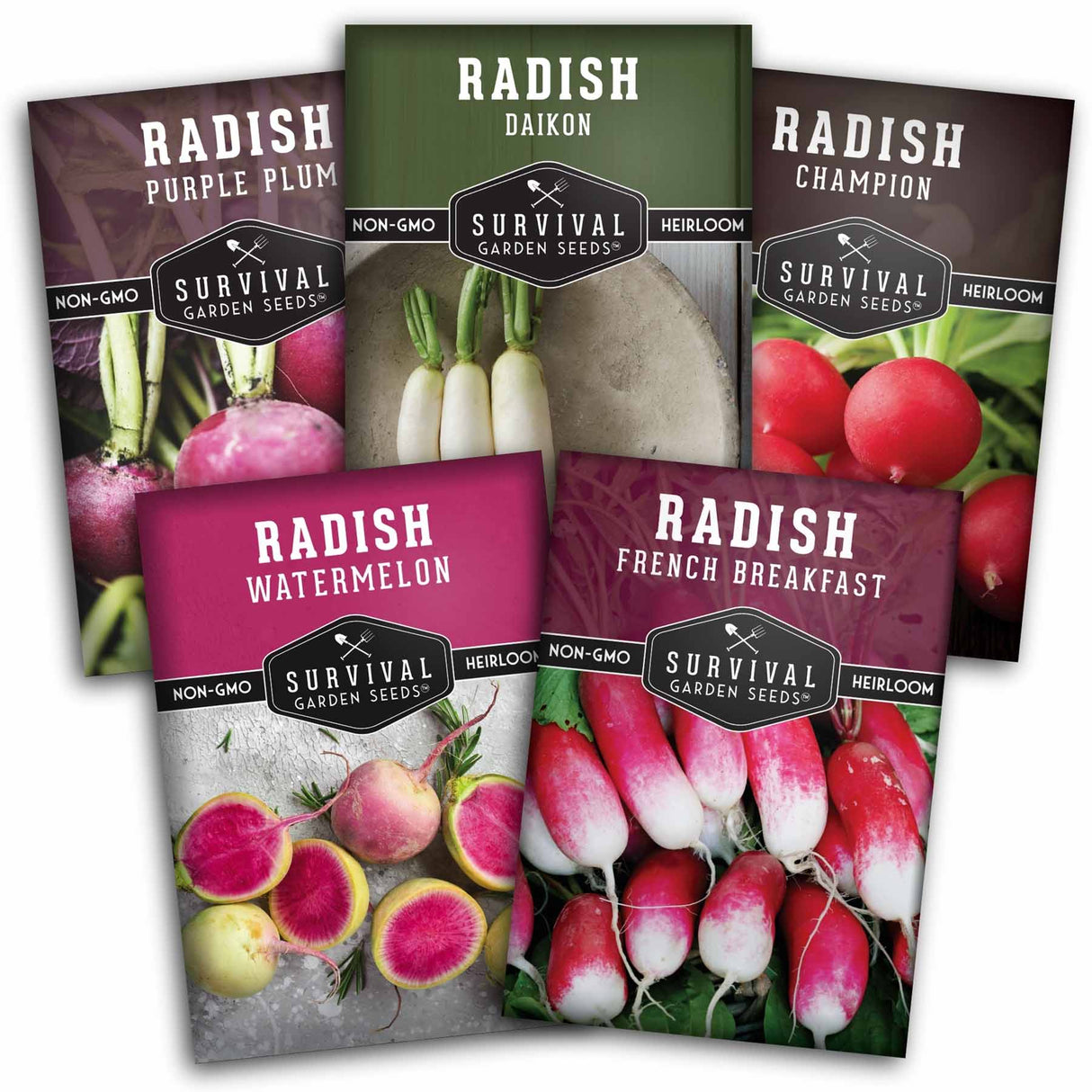 Five seed packet designs for radishes are arranged in a fan shape. The packets feature different radish varieties including Purple Plum, Daikon, Champion, Watermelon, and French Breakfast, with colorful photographs of the radishes and the Survival Garden Seeds brand logo.