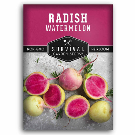 A seed packet for 'Radish Watermelon' by Survival Garden Seeds, featuring a magenta top section with white text and a lower section showing fresh radishes with bright pink interiors and pale yellow-green skins on a gray textured background.