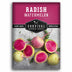 A seed packet for 'Radish Watermelon' by Survival Garden Seeds, featuring a magenta top section with white text and a lower section showing fresh radishes with bright pink interiors and pale yellow-green skins on a gray textured background.