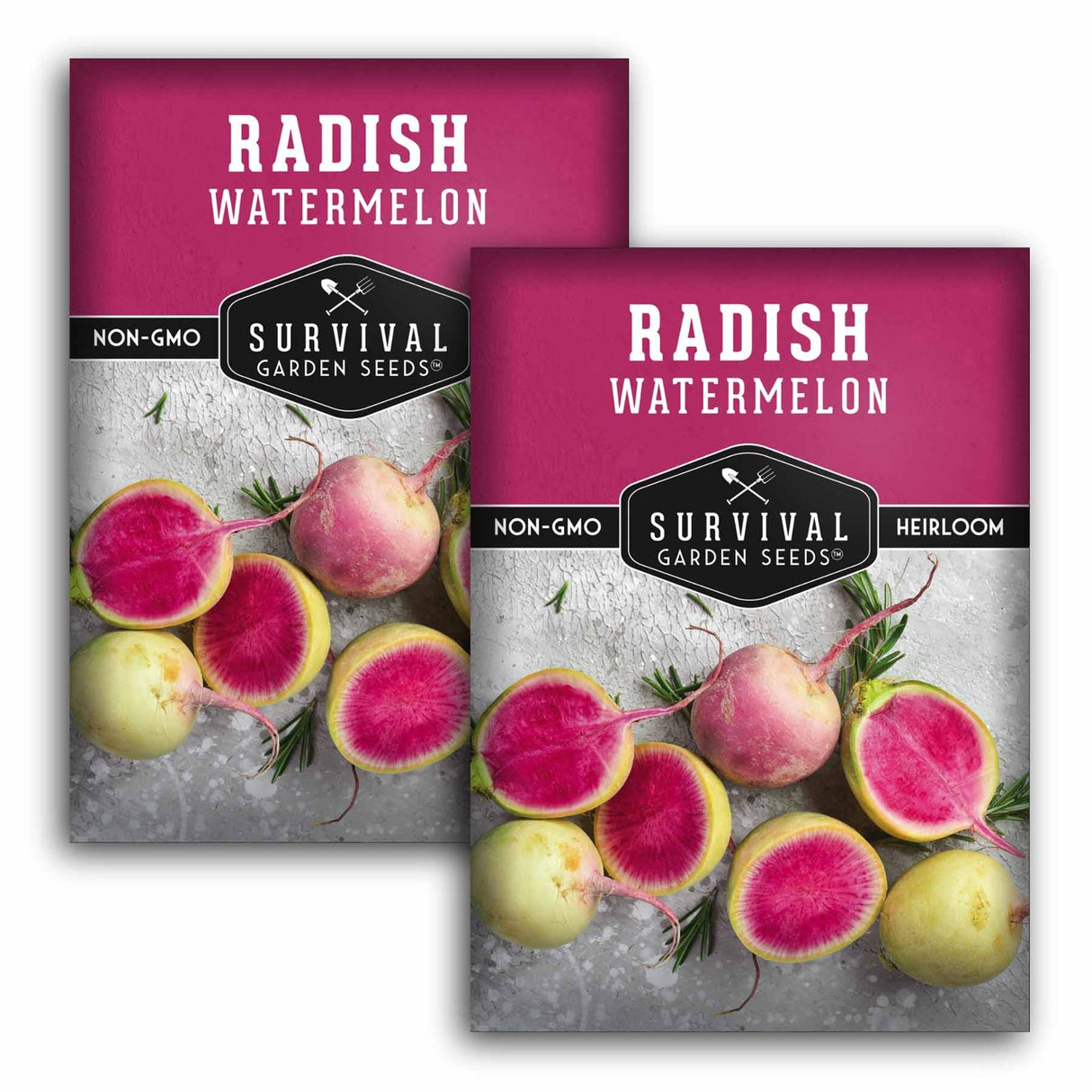 Two seed packets of Survival Garden Seeds Radish Watermelon shown on a white background, with one packet in front of the other. The packets feature a magenta top section with white text and a lower section showing watermelon radishes with bright pink interiors and pale yellow-green skins on a gray stone-like background.