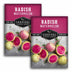 Two seed packets of Survival Garden Seeds Radish Watermelon shown on a white background, with one packet in front of the other. The packets feature a magenta top section with white text and a lower section showing watermelon radishes with bright pink interiors and pale yellow-green skins on a gray stone-like background.