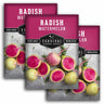 Three seed packets of Survival Garden Seeds Radish Watermelon are shown overlapping on a white background. The packets feature a magenta top section with white text and a lower section showing fresh radish illustrations on a gray textured background.