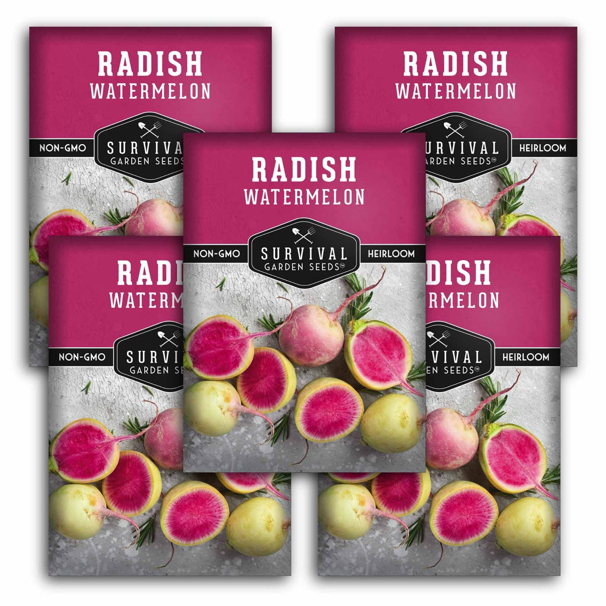 Five seed packet packages for 'Radish Watermelon' by Survival Garden Seeds are arranged in a fan-like layout. The packets feature a vibrant magenta-pink top section with white text, and a lower section showing a photographic collage of fresh radishes and watermelon slices on a textured gray background.