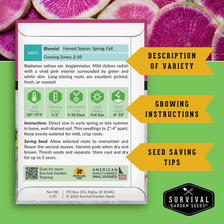 A seed-saving information card for Survival Garden Seeds, showing growing information, instructions, and tips, with a background of green zucchini flowers. Yellow callout arrows on the right read 'DESCRIPTION OF VARIETY', 'GROWING INSTRUCTIONS', and 'SEED SAVING TIPS'.