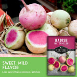 Radishes in a basket with two cut radishes showing bright pink interiors, alongside a seed packet labeled 'Radish Watermelon' and text reading 'Sweet, Mild Flavor' and 'Less spicy than common radishes.'.