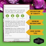 A product information card for Survival Garden Seeds' Red Acre cabbage, set against a green background with purple cabbage leaves at the top and three yellow arrow banners reading 'Description of Variety', 'Growing Instructions', and 'Seed Saving Tips'.