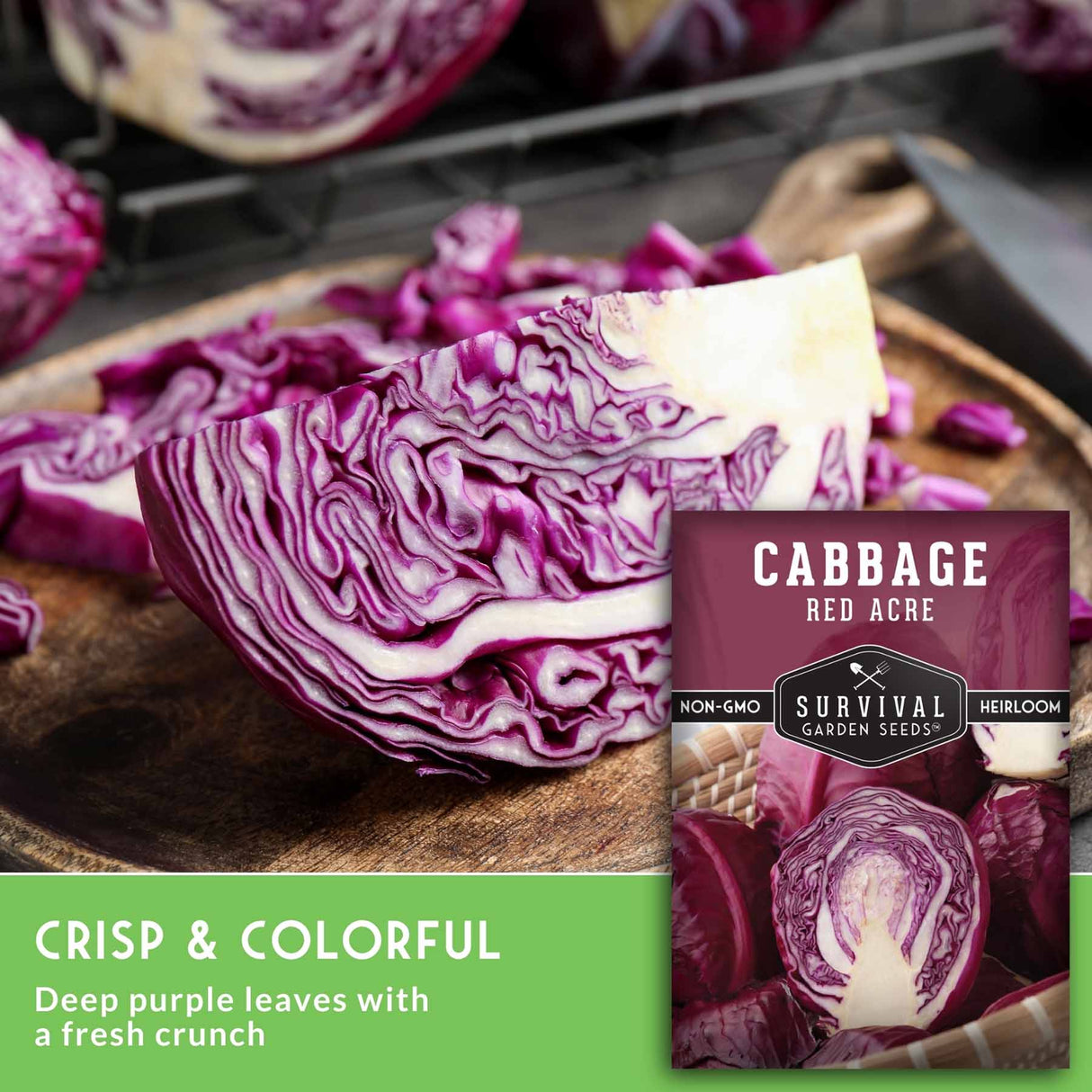 A seed packet labeled 'Cabbage Red Acre' by Survival Garden Seeds is shown over a styled food scene with sliced deep purple-red cabbage on a wooden cutting board and a green text banner reading 'Crisp & Colorful' and 'Deep purple leaves with a fresh crunch.'.