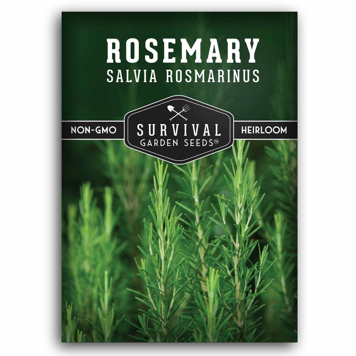 Rosemary seed packet with 'Survival Garden Seeds' logo on a green background