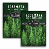 Two packages of Survival Garden Seeds Rosemary seeds with greenery in the background.