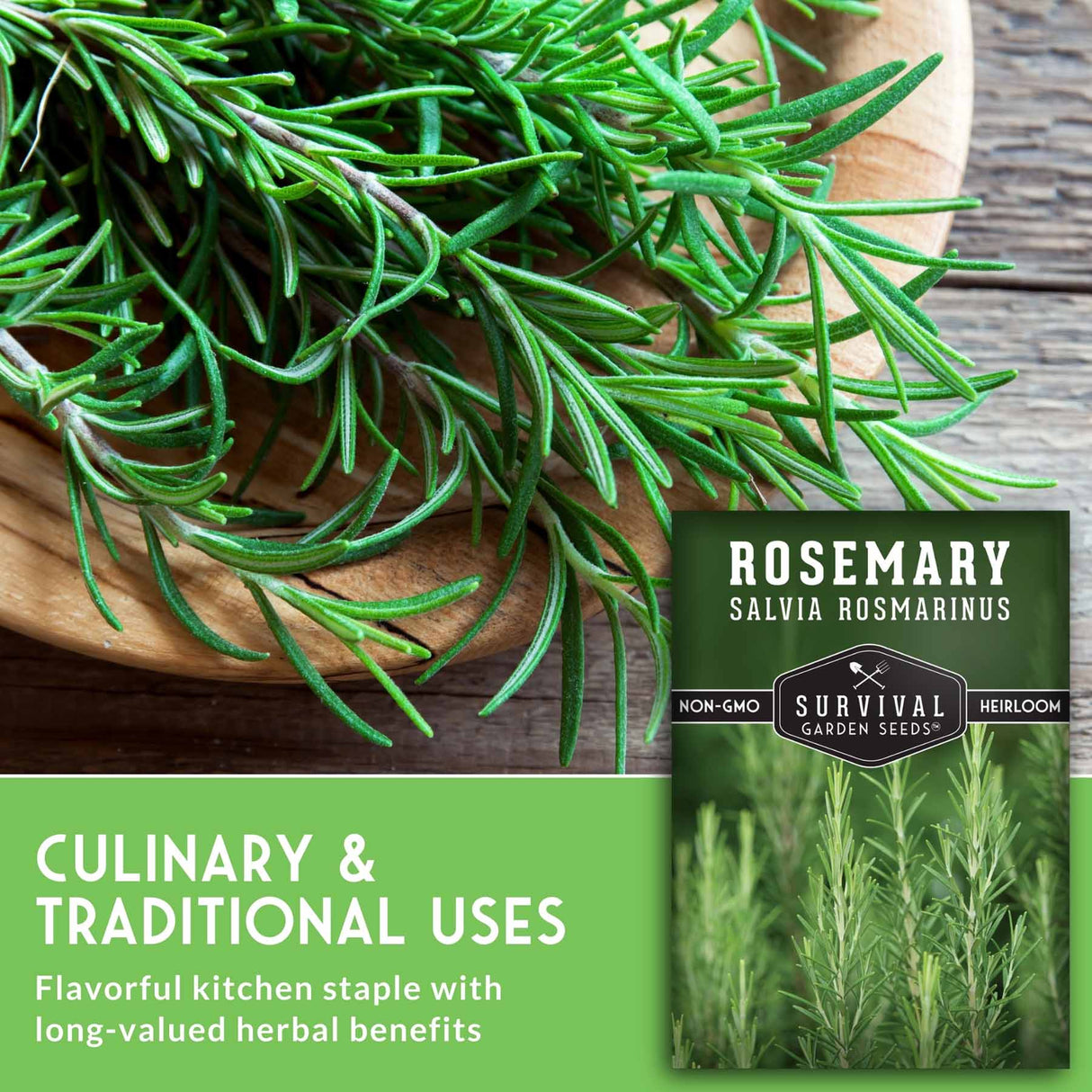 Rosemary sprigs on a wooden surface with a seed packet labeled 'Survival Garden Seeds' in the corner.
