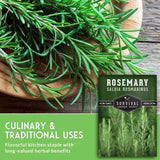 Rosemary sprigs on a wooden surface with a seed packet labeled 'Survival Garden Seeds' in the corner.