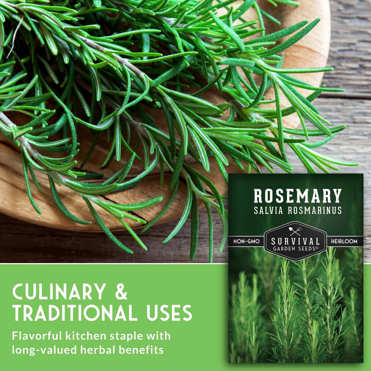 Rosemary sprigs in a wooden bowl with a seed packet labeled 'Survival Garden Seeds' on a wooden surface.