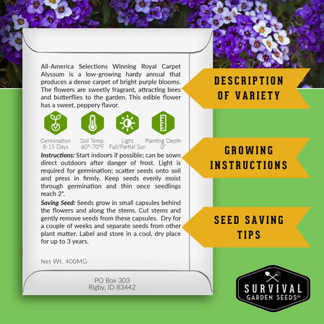 Seed packet with growing instructions and seed saving tips on a green background with flowers.