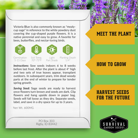 Survival Garden Seeds packaging for Victoria Blue sage with text and branding.