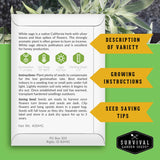 Survival Garden Seeds white sage seed packet with growing instructions and seed saving tips on a green background.