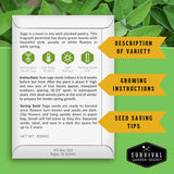 Survival Garden Seeds sage seed packet with growing instructions and tips on a green background
