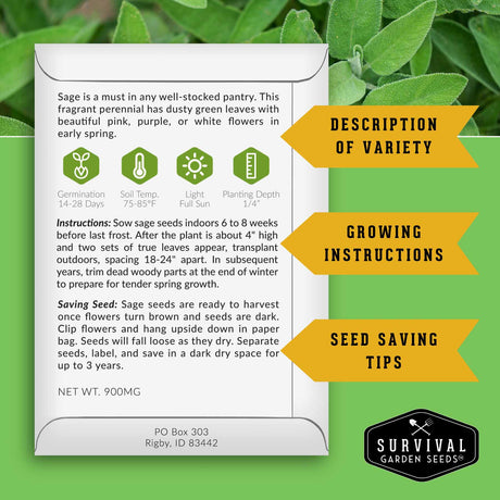 Survival Garden Seeds sage seed packet with growing instructions and tips on a green background