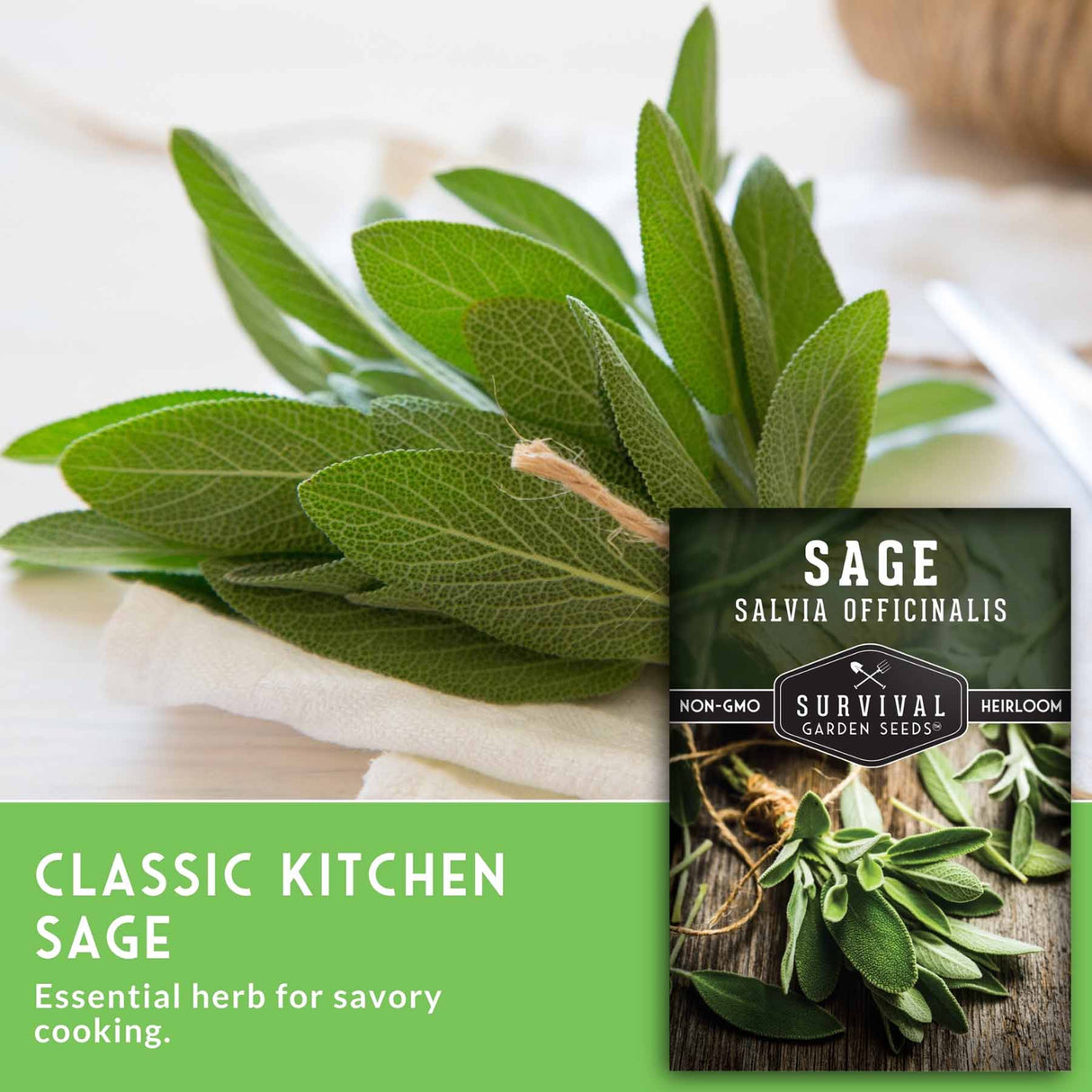 Sage leaves with a seed packet labeled 'Survival Garden Seeds' on a white background.