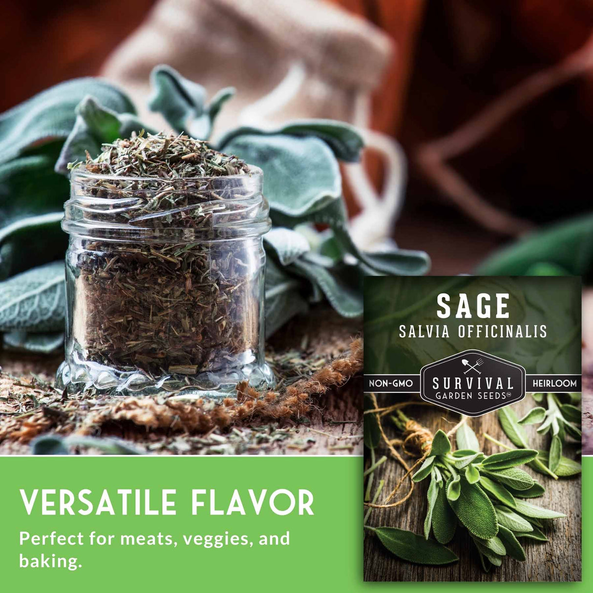 Jar of dried sage with fresh sage leaves and branding for Survival Garden Seeds.