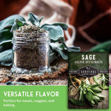 Jar of dried sage with fresh sage leaves and branding for Survival Garden Seeds.