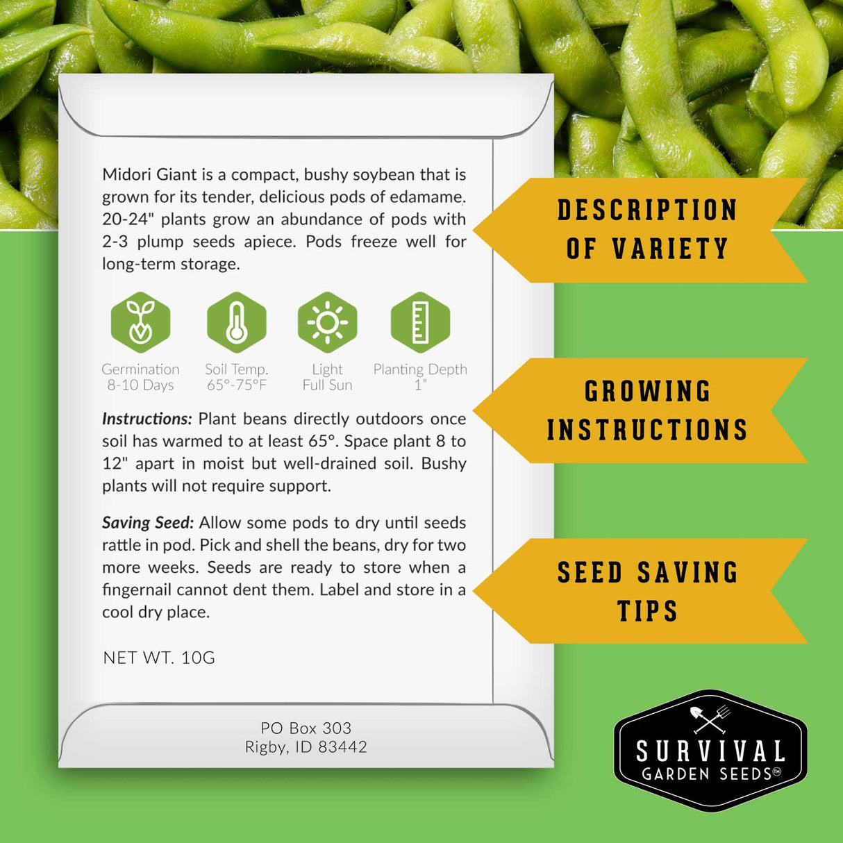 Survival Garden Seeds packaging for Midori Giant soybean seeds with text and branding.
