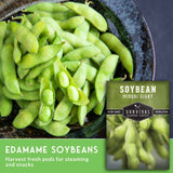Edamame soybeans in a bowl with Survival Garden Seeds packaging.