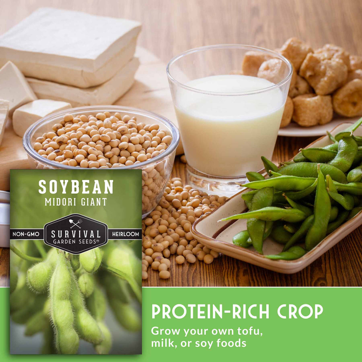 Soybean package with soybeans, tofu, and milk on a wooden table