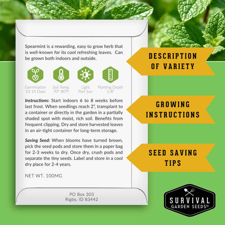 Spearmint seed packet back with growing and seed saving instructions
