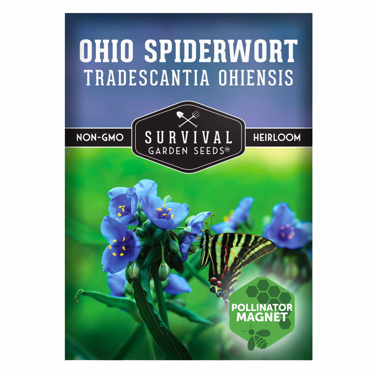 Survival Garden Seeds Ohio Spiderwort seed packet with butterfly and flowers on a blue and green background