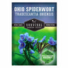 Survival Garden Seeds Ohio Spiderwort seed packet with butterfly and flowers on a blue and green background