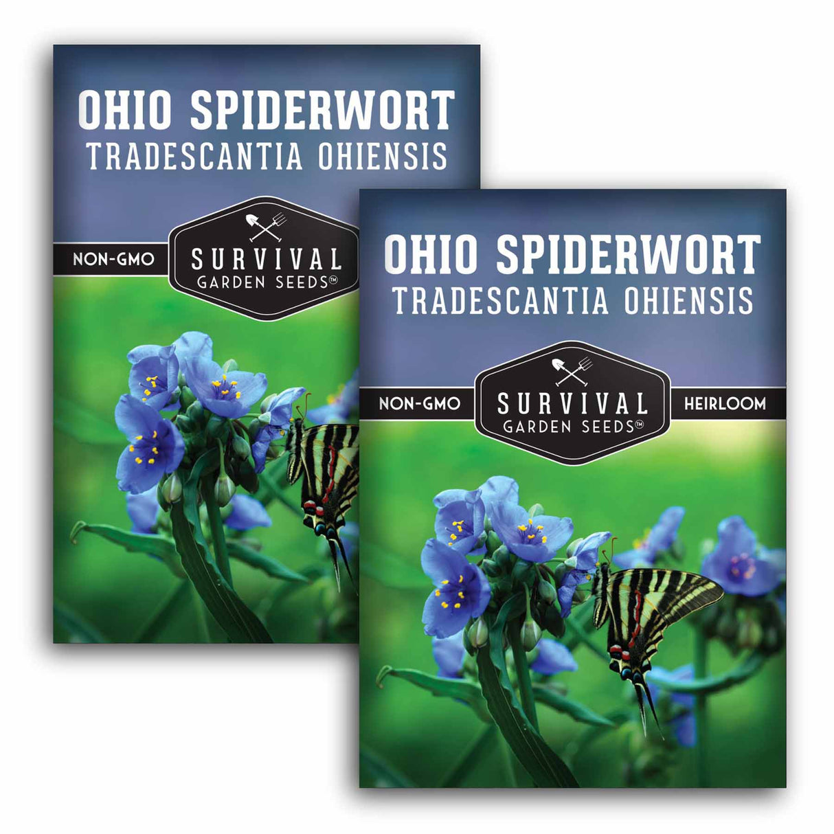 Two packages of Survival Garden Seeds Ohio Spiderwort with butterfly illustration on a white background