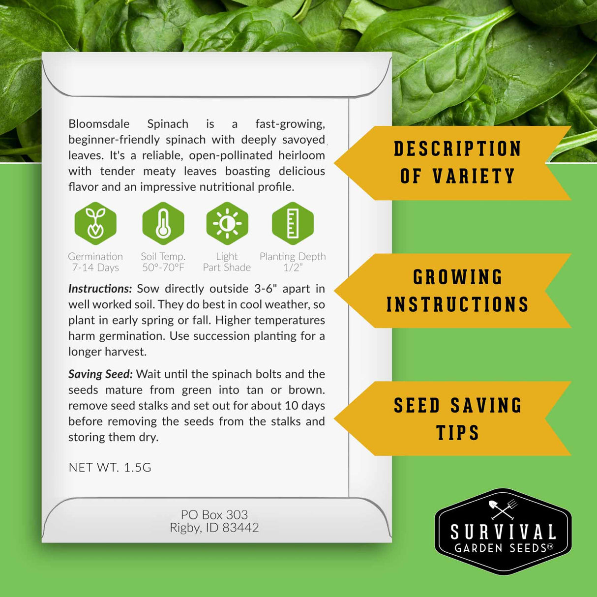 Survival Garden Seeds spinach seed packet with growing instructions and seed saving tips on a green leafy background.
