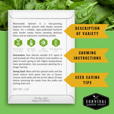 Survival Garden Seeds spinach seed packet with growing instructions and seed saving tips on a green leafy background.