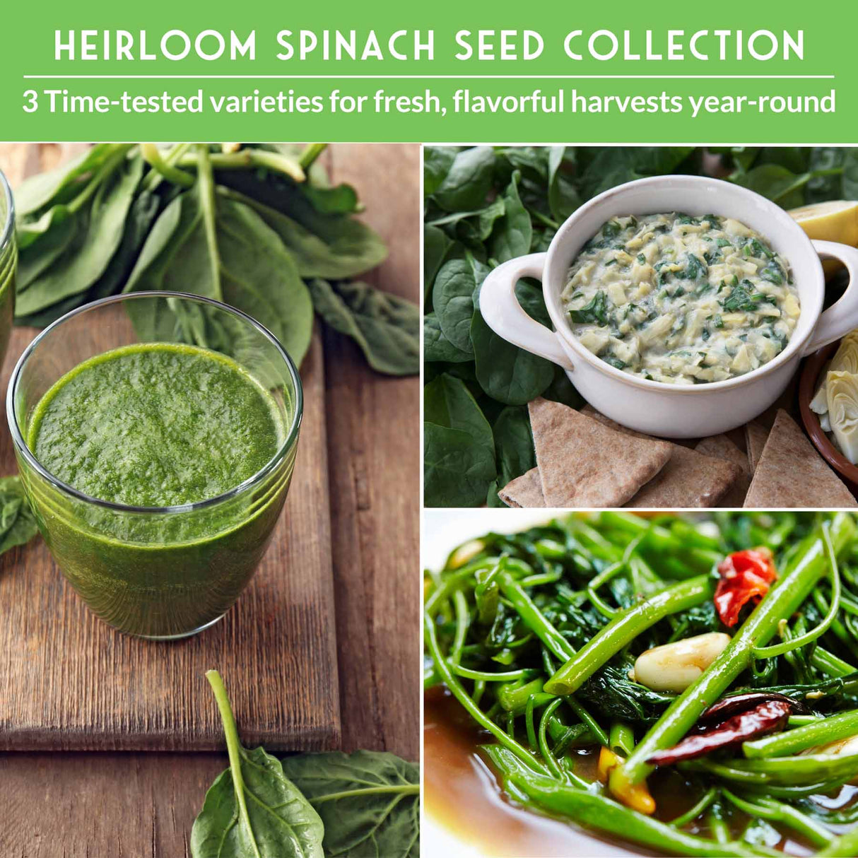 Heirloom spinach seed collection with images of spinach in various dishes and a smoothie.